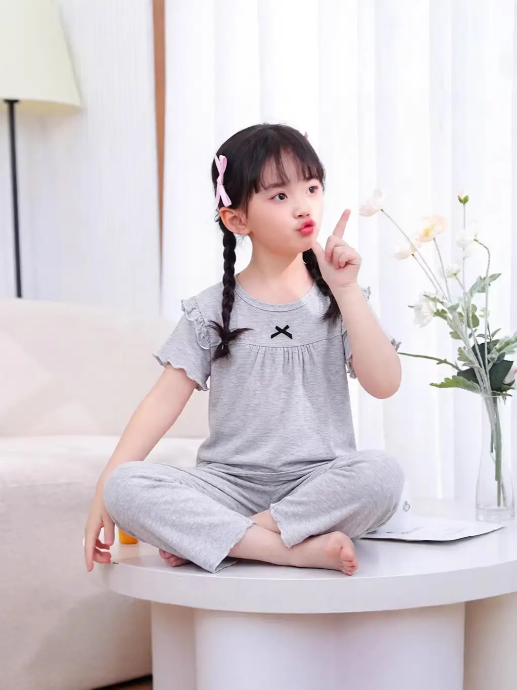Children's Pajamas Set, Summer Short-Sleeved Girls' Air-Conditioned Clothing, Baby Clothes, Medium and Large Children's Clothing, Modal Two-Piece Set