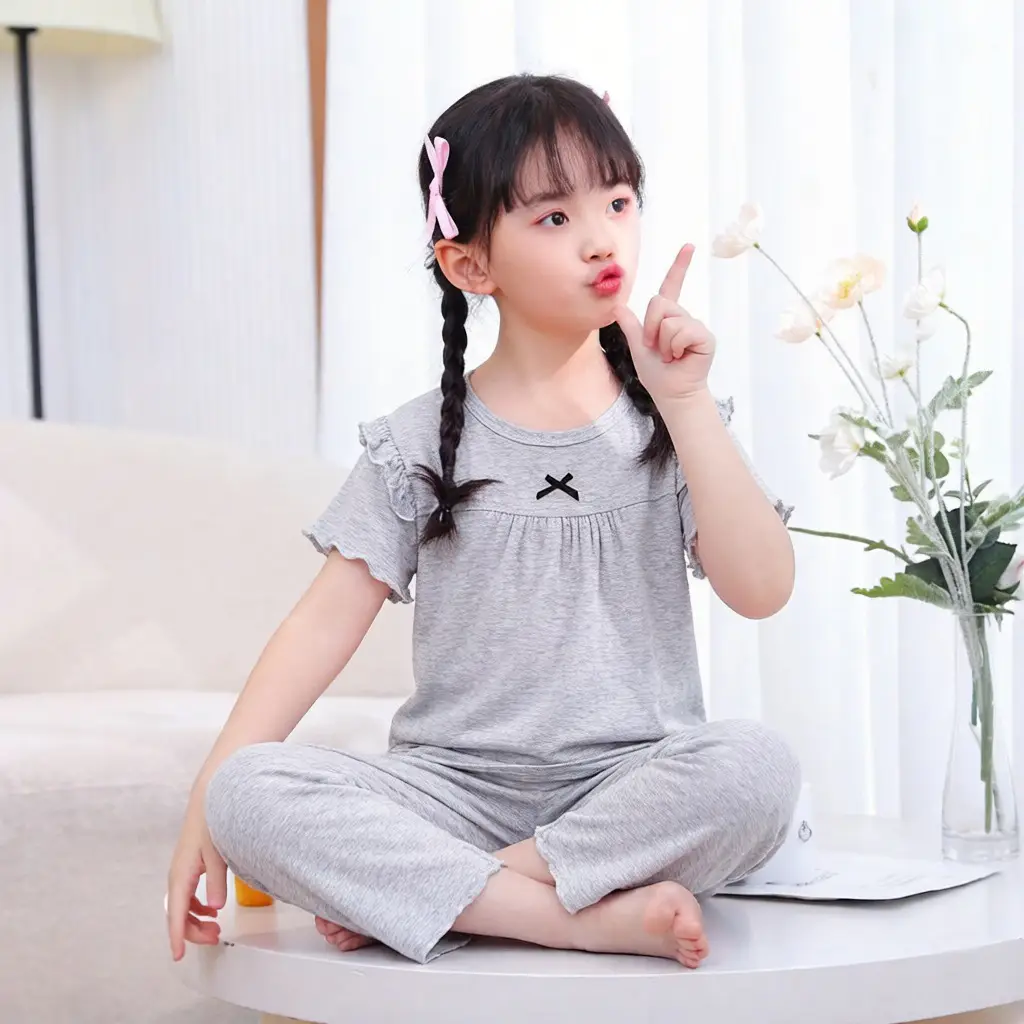 Children's Pajamas Set, Summer Short-Sleeved Girls' Air-Conditioned Clothing, Baby Clothes, Medium and Large Children's Clothing, Modal Two-Piece Set