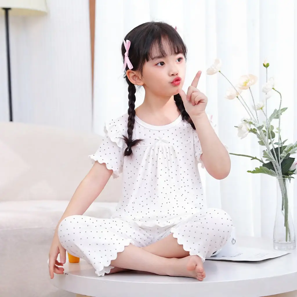 Children's Pajamas Set, Summer Short-Sleeved Girls' Air-Conditioned Clothing, Baby Clothes, Medium and Large Children's Clothing, Modal Two-Piece Set