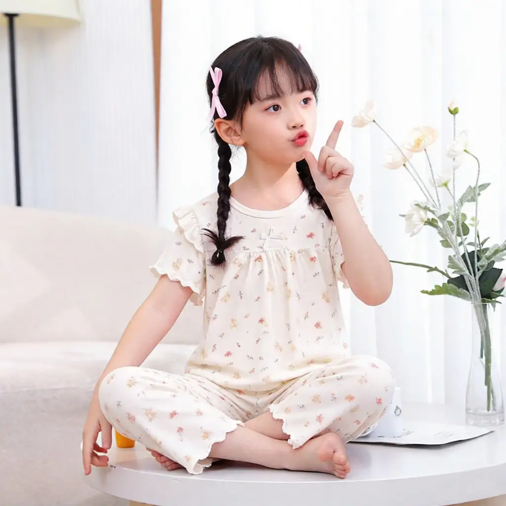 Children's Pajamas Set, Summer Short-Sleeved Girls' Air-Conditioned Clothing, Baby Clothes, Medium and Large Children's Clothing, Modal Two-Piece Set
