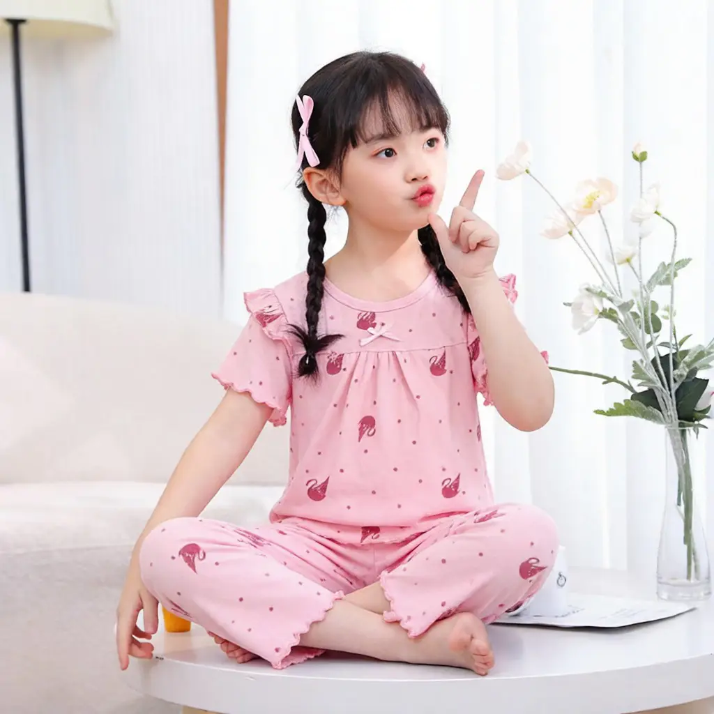 Children's Pajamas Set, Summer Short-Sleeved Girls' Air-Conditioned Clothing, Baby Clothes, Medium and Large Children's Clothing, Modal Two-Piece Set