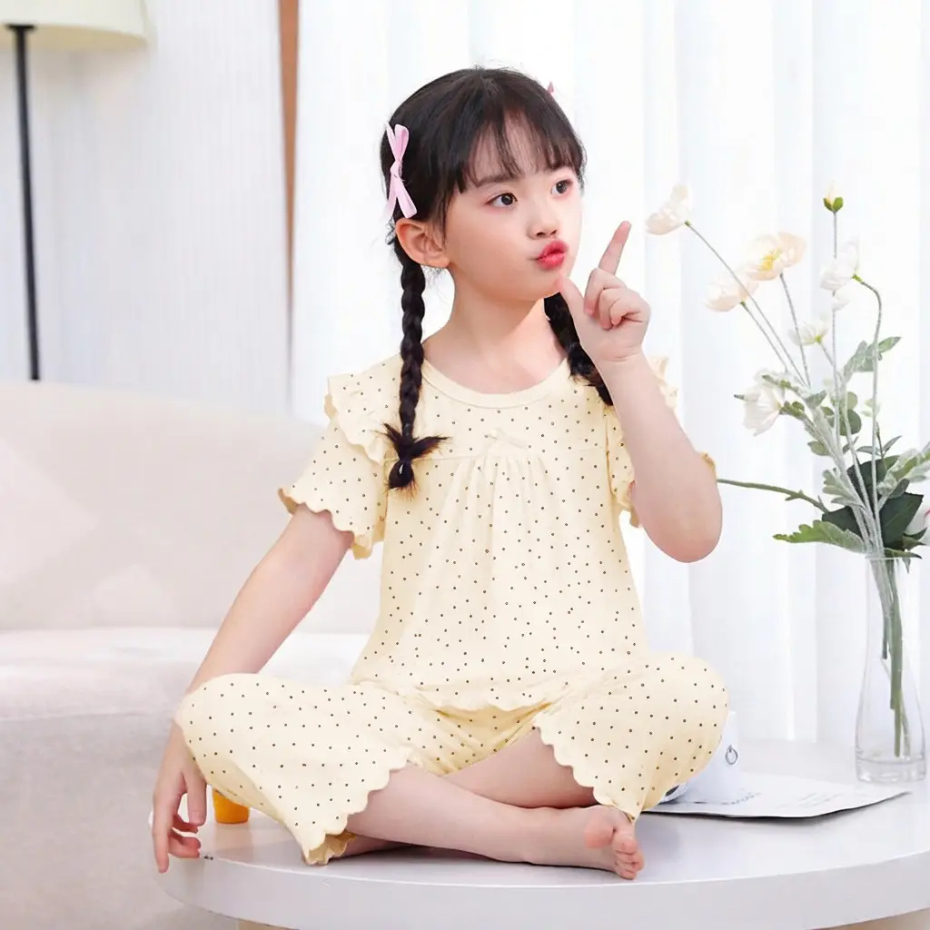 Children's Pajamas Set, Summer Short-Sleeved Girls' Air-Conditioned Clothing, Baby Clothes, Medium and Large Children's Clothing, Modal Two-Piece Set