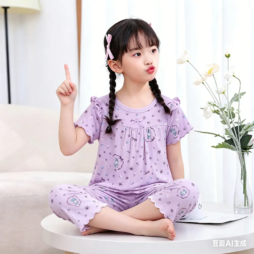 Children's Pajamas Set, Summer Short-Sleeved Girls' Air-Conditioned Clothing, Baby Clothes, Medium and Large Children's Clothing, Modal Two-Piece Set