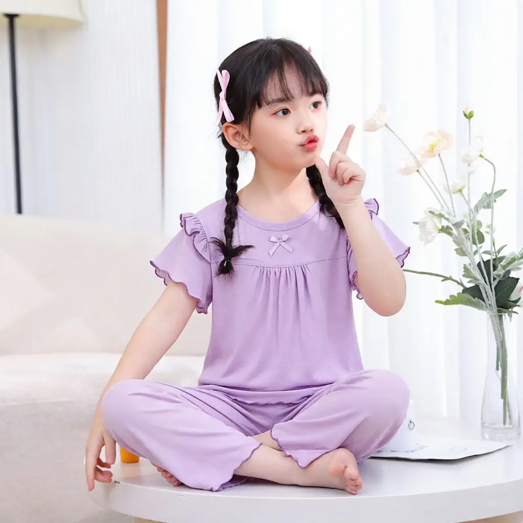 Children's Pajamas Set, Summer Short-Sleeved Girls' Air-Conditioned Clothing, Baby Clothes, Medium and Large Children's Clothing, Modal Two-Piece Set