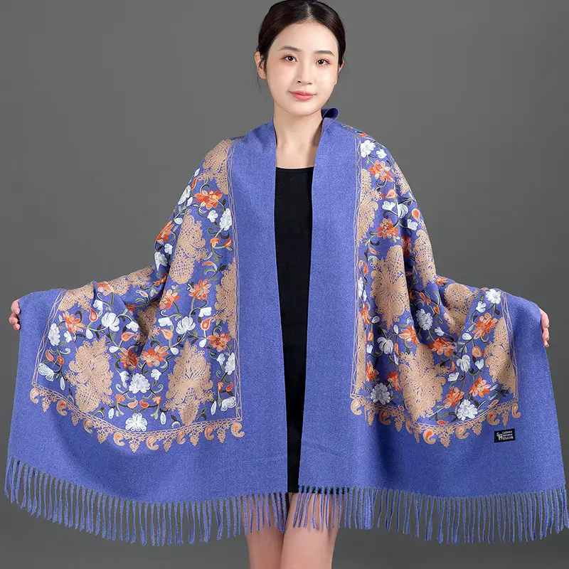 Ethnic Style Embroidered Faux Cashmere Shawl in Red for Women, Autumn and Winter, Long Style for Mothers