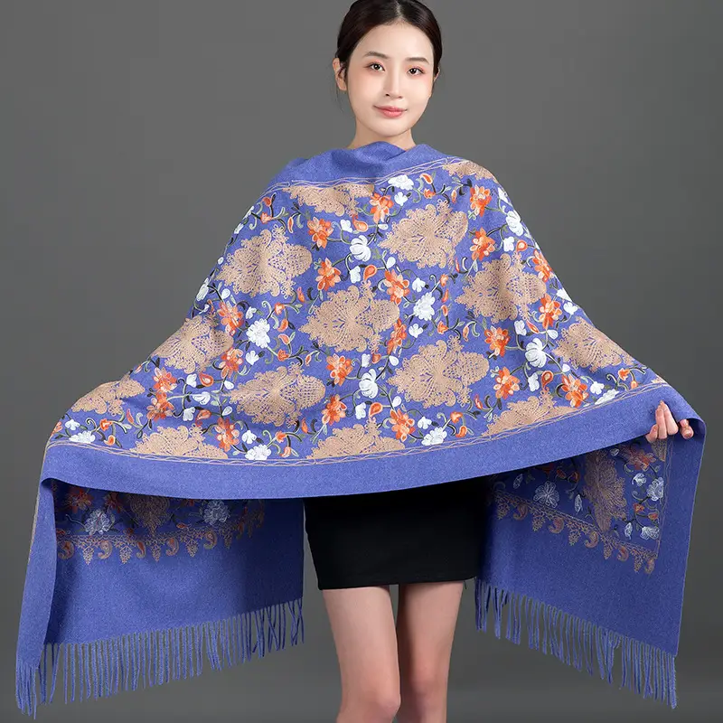 Ethnic Style Embroidered Faux Cashmere Shawl in Red for Women, Autumn and Winter, Long Style for Mothers