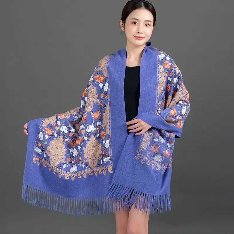 Ethnic Style Embroidered Faux Cashmere Shawl in Red for Women, Autumn and Winter, Long Style for Mothers