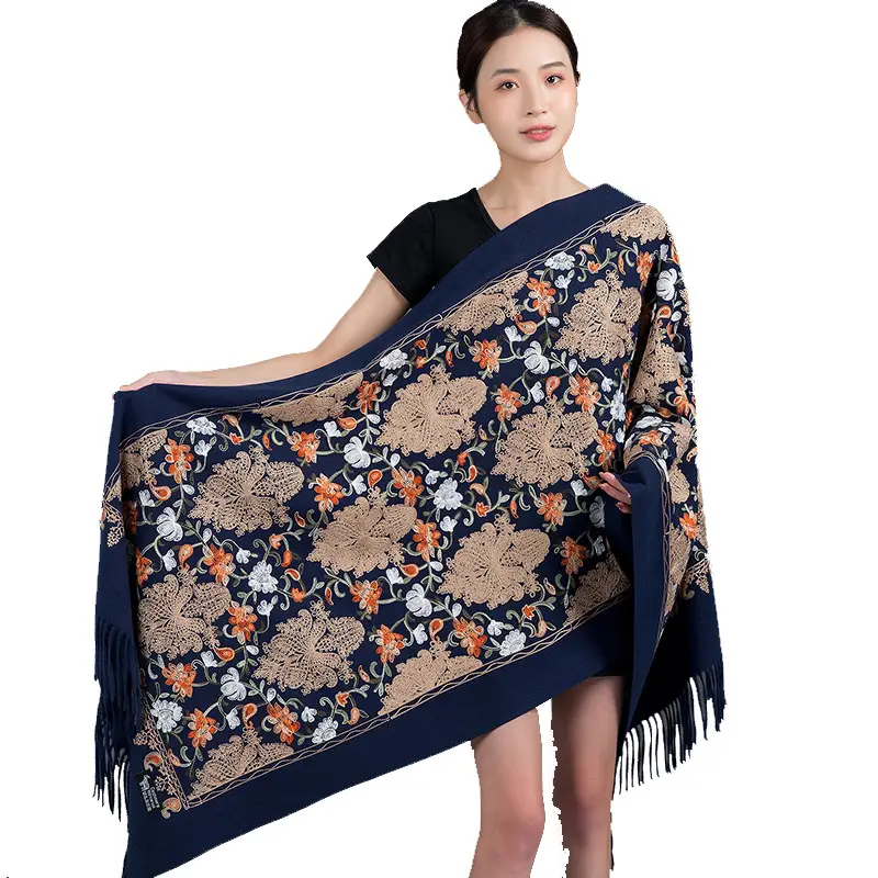 Ethnic Style Embroidered Faux Cashmere Shawl in Red for Women, Autumn and Winter, Long Style for Mothers