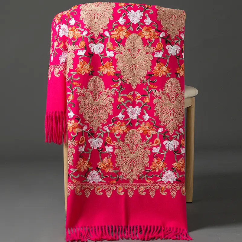 Ethnic Style Embroidered Faux Cashmere Shawl in Red for Women, Autumn and Winter, Long Style for Mothers