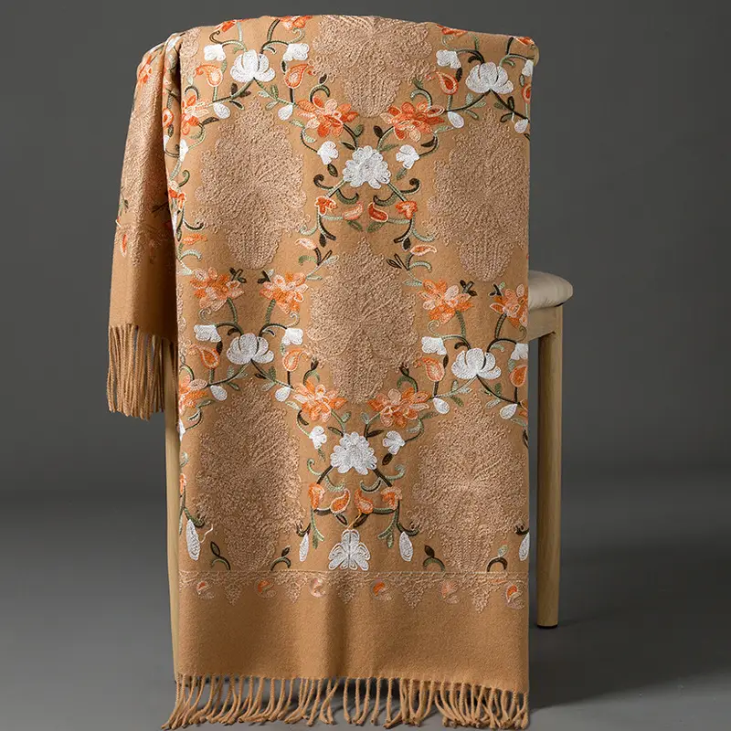 Ethnic Style Embroidered Faux Cashmere Shawl in Red for Women, Autumn and Winter, Long Style for Mothers