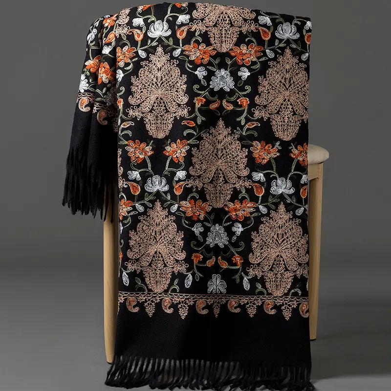 Ethnic Style Embroidered Faux Cashmere Shawl in Red for Women, Autumn and Winter, Long Style for Mothers