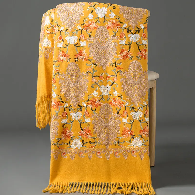 Ethnic Style Embroidered Faux Cashmere Shawl in Red for Women, Autumn and Winter, Long Style for Mothers