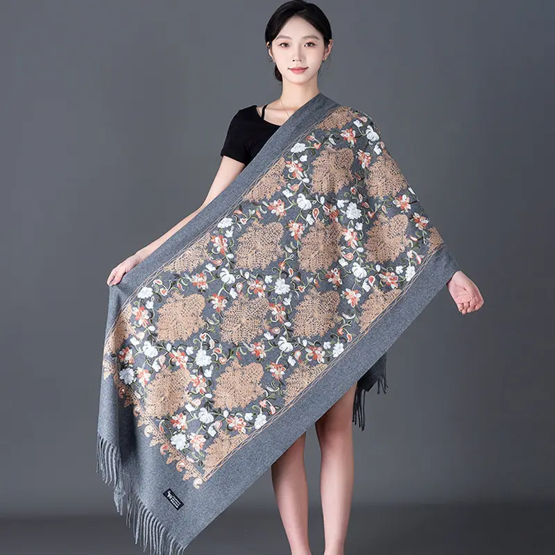 Ethnic Style Embroidered Faux Cashmere Shawl in Red for Women, Autumn and Winter, Long Style for Mothers