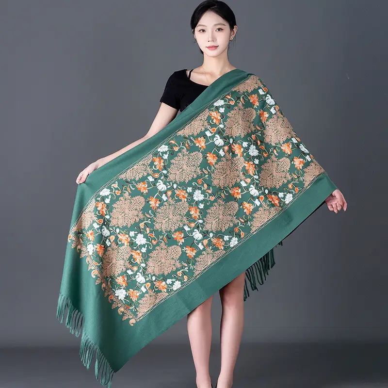 Ethnic Style Embroidered Faux Cashmere Shawl in Red for Women, Autumn and Winter, Long Style for Mothers