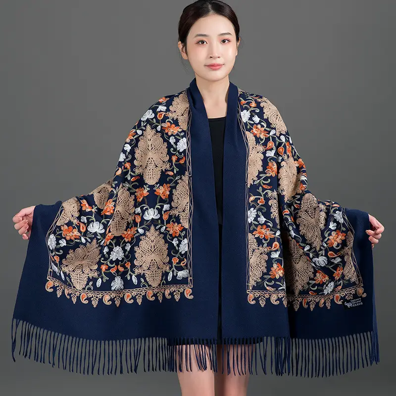 Ethnic Style Embroidered Faux Cashmere Shawl in Red for Women, Autumn and Winter, Long Style for Mothers