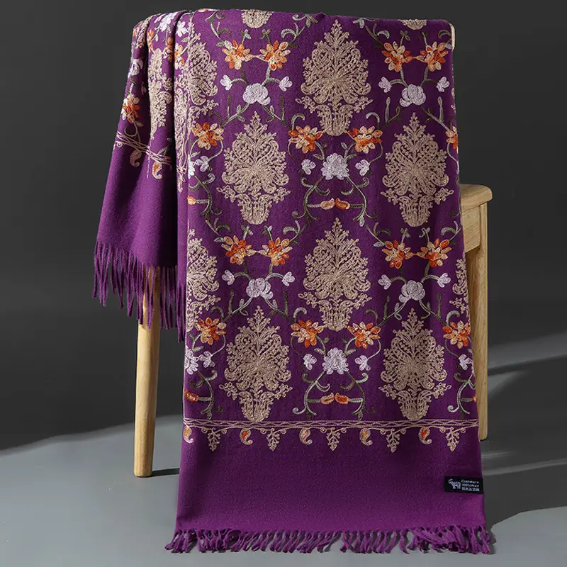 Ethnic Style Embroidered Faux Cashmere Shawl in Red for Women, Autumn and Winter, Long Style for Mothers