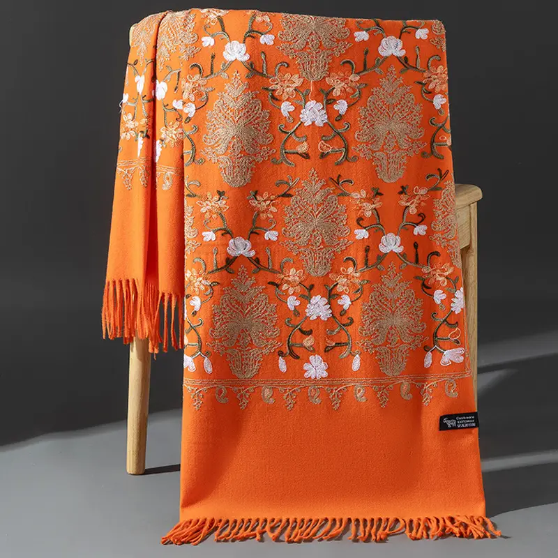 Ethnic Style Embroidered Faux Cashmere Shawl in Red for Women, Autumn and Winter, Long Style for Mothers