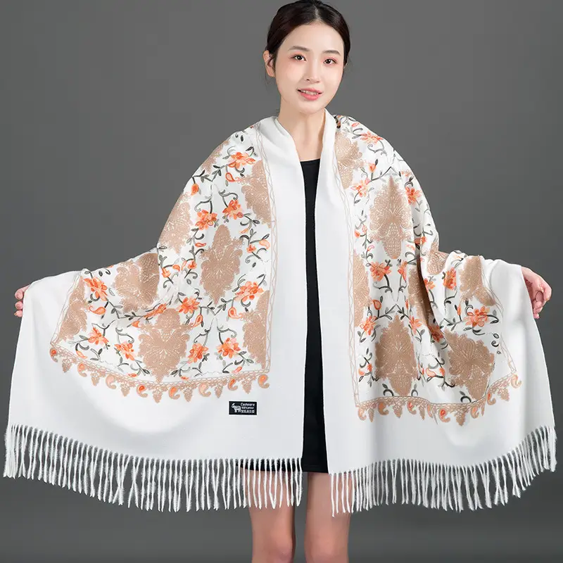 Ethnic Style Embroidered Faux Cashmere Shawl in Red for Women, Autumn and Winter, Long Style for Mothers