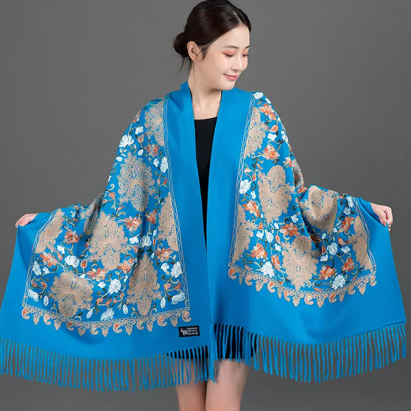 Ethnic Style Embroidered Faux Cashmere Shawl in Red for Women, Autumn and Winter, Long Style for Mothers