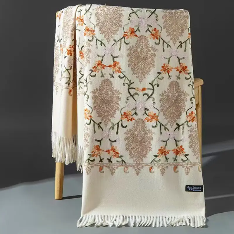 Ethnic Style Embroidered Faux Cashmere Shawl in Red for Women, Autumn and Winter, Long Style for Mothers