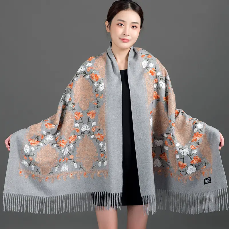Ethnic Style Embroidered Faux Cashmere Shawl in Red for Women, Autumn and Winter, Long Style for Mothers