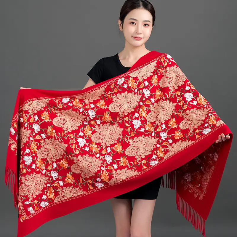 Ethnic Style Embroidered Faux Cashmere Shawl in Red for Women, Autumn and Winter, Long Style for Mothers
