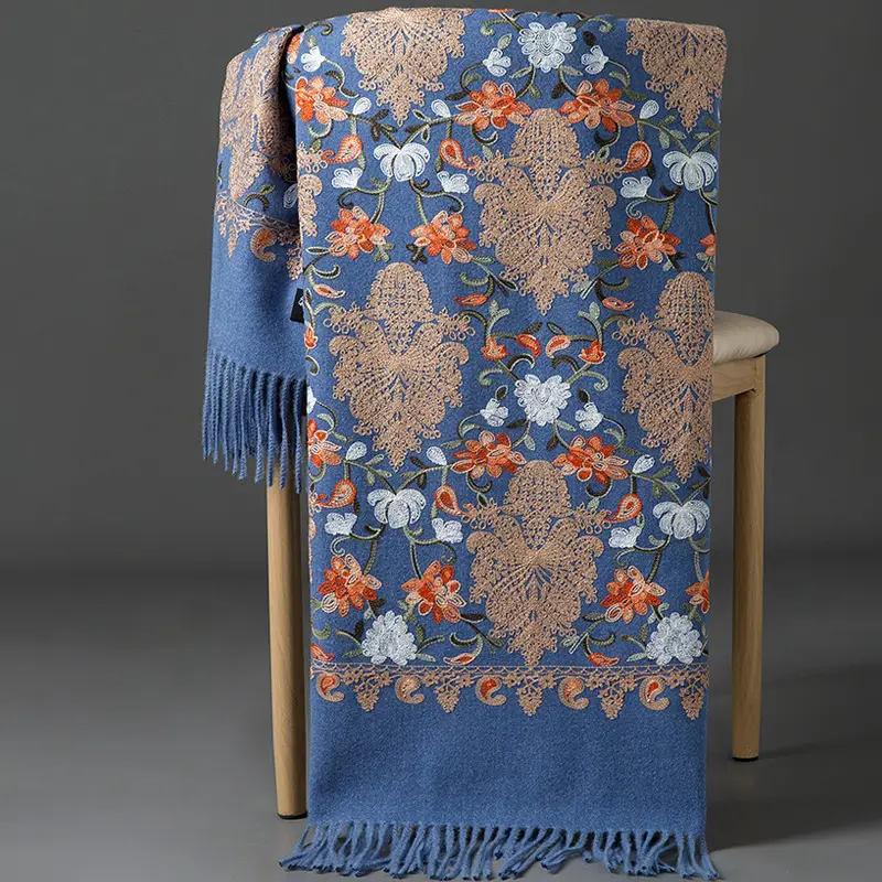 Ethnic Style Embroidered Faux Cashmere Shawl in Red for Women, Autumn and Winter, Long Style for Mothers