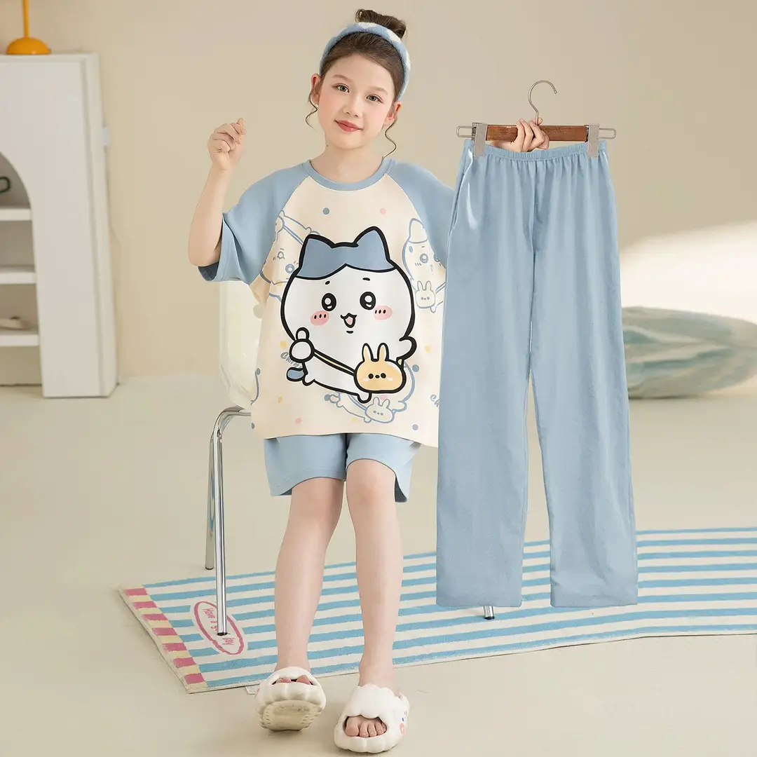 New Style Children's Pajamas Short-Sleeved Three-Piece Set Summer Fashion Cartoon Home Clothes Set for Middle-Aged and Older Girls and Elementary School Students