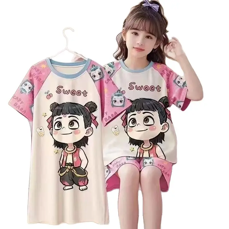New Style Children's Pajamas Short-Sleeved Three-Piece Set Summer Fashion Cartoon Home Clothes Set for Middle-Aged and Older Girls and Elementary School Students