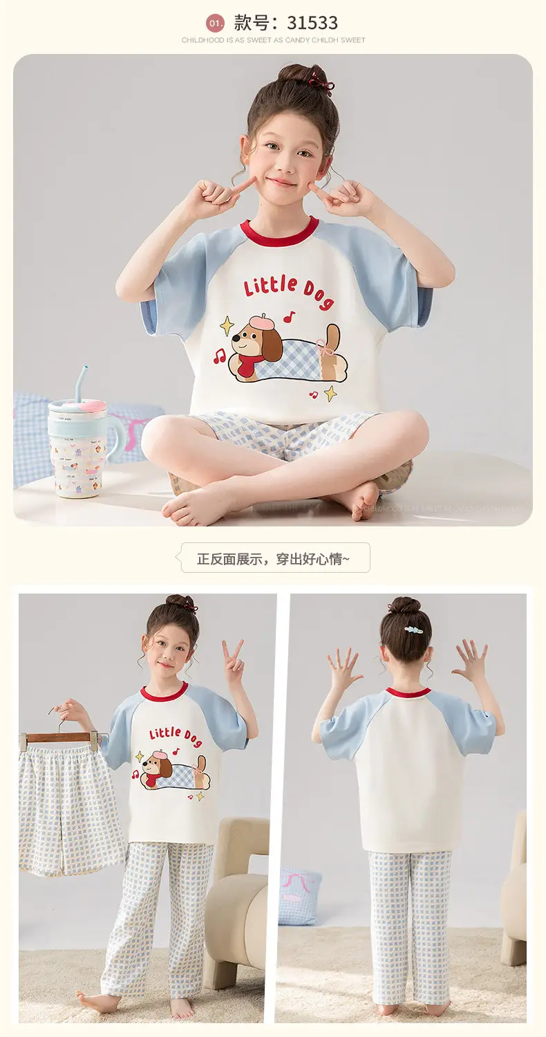 New Style Children's Pajamas Short-Sleeved Three-Piece Set Summer Fashion Cartoon Home Clothes Set for Middle-Aged and Older Girls and Elementary School Students — feature 15