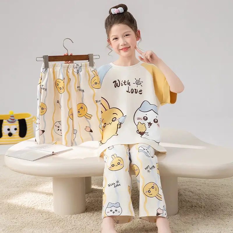 New Style Children's Pajamas Short-Sleeved Three-Piece Set Summer Fashion Cartoon Home Clothes Set for Middle-Aged and Older Girls and Elementary School Students — feature 16