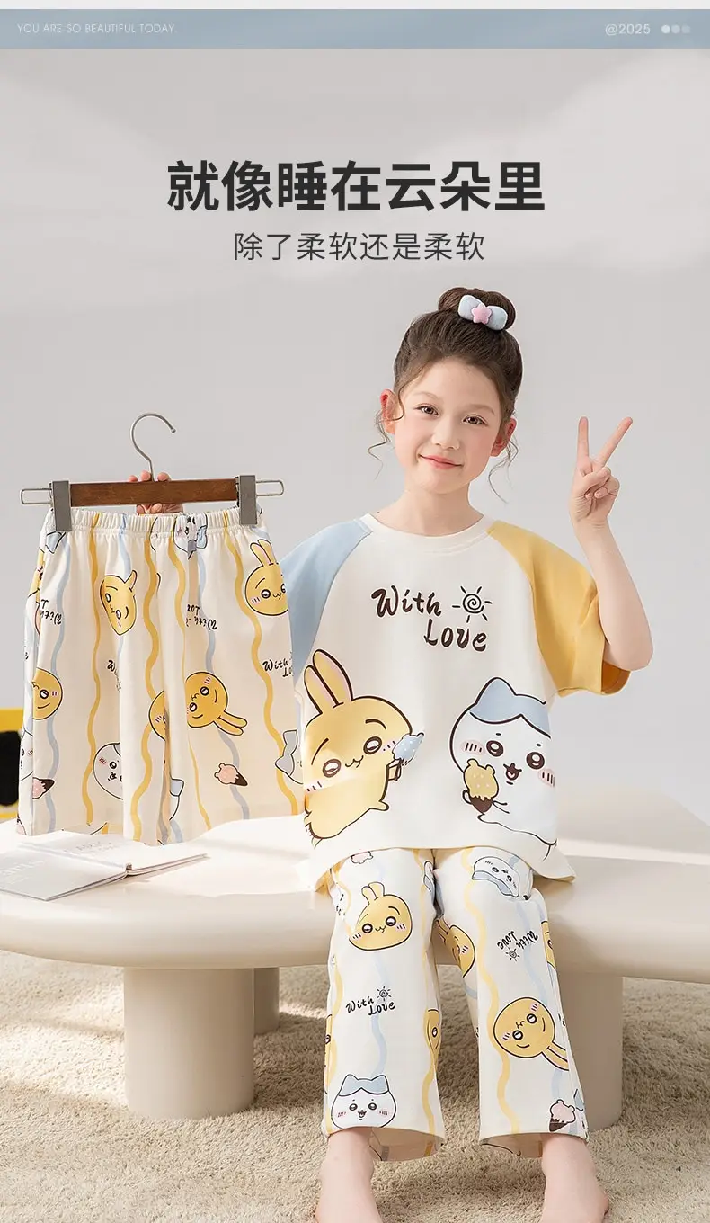 New Style Children's Pajamas Short-Sleeved Three-Piece Set Summer Fashion Cartoon Home Clothes Set for Middle-Aged and Older Girls and Elementary School Students — feature 17