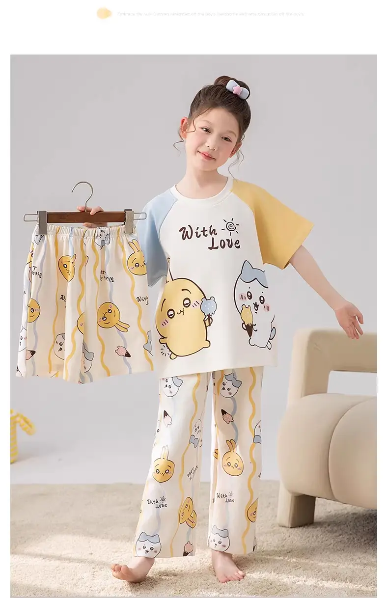 New Style Children's Pajamas Short-Sleeved Three-Piece Set Summer Fashion Cartoon Home Clothes Set for Middle-Aged and Older Girls and Elementary School Students — feature 19