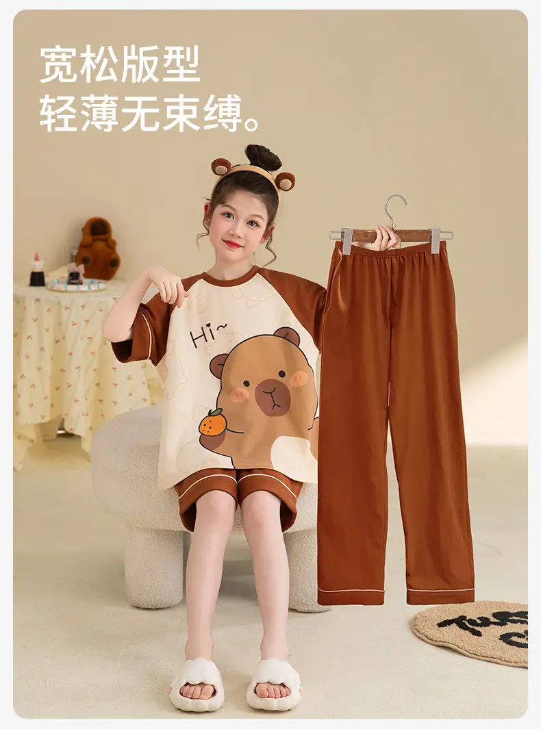 New Style Children's Pajamas Short-Sleeved Three-Piece Set Summer Fashion Cartoon Home Clothes Set for Middle-Aged and Older Girls and Elementary School Students — feature 4