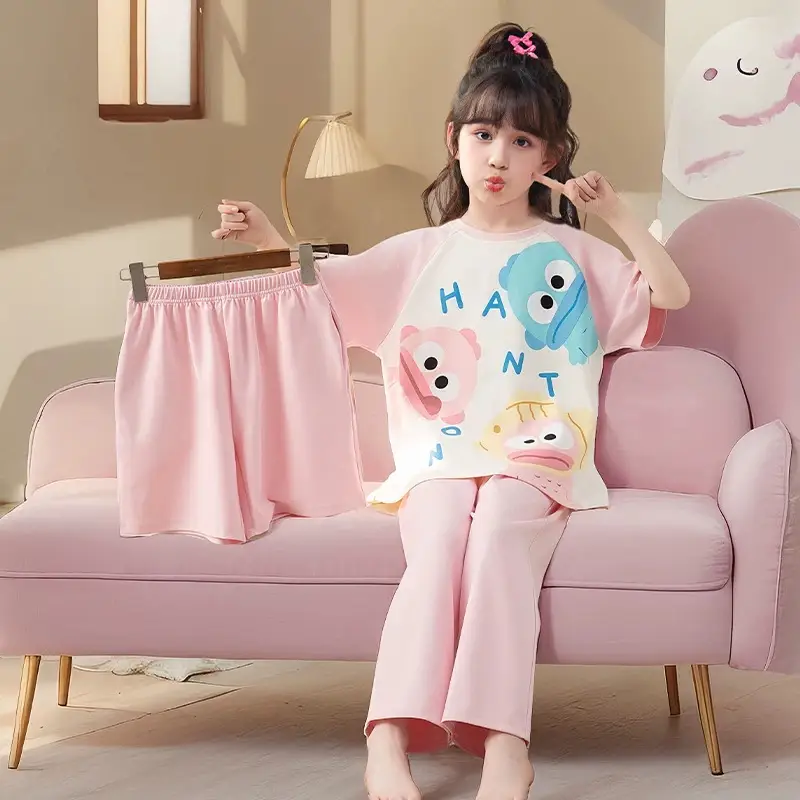 New Style Children's Pajamas Short-Sleeved Three-Piece Set Summer Fashion Cartoon Home Clothes Set for Middle-Aged and Older Girls and Elementary School Students