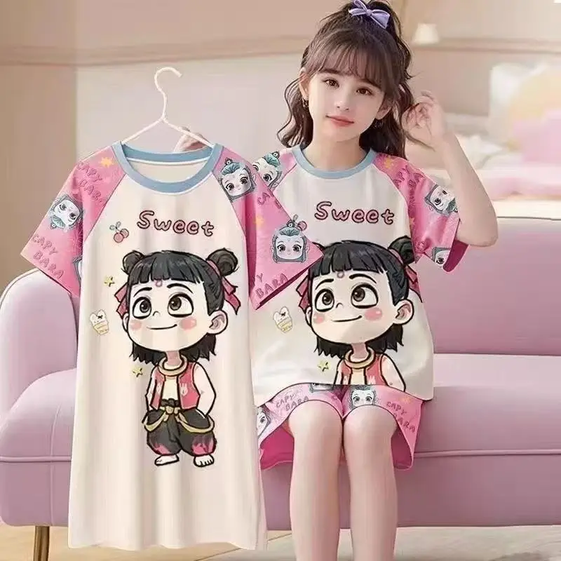 New Style Children's Pajamas Short-Sleeved Three-Piece Set Summer Fashion Cartoon Home Clothes Set for Middle-Aged and Older Girls and Elementary School Students