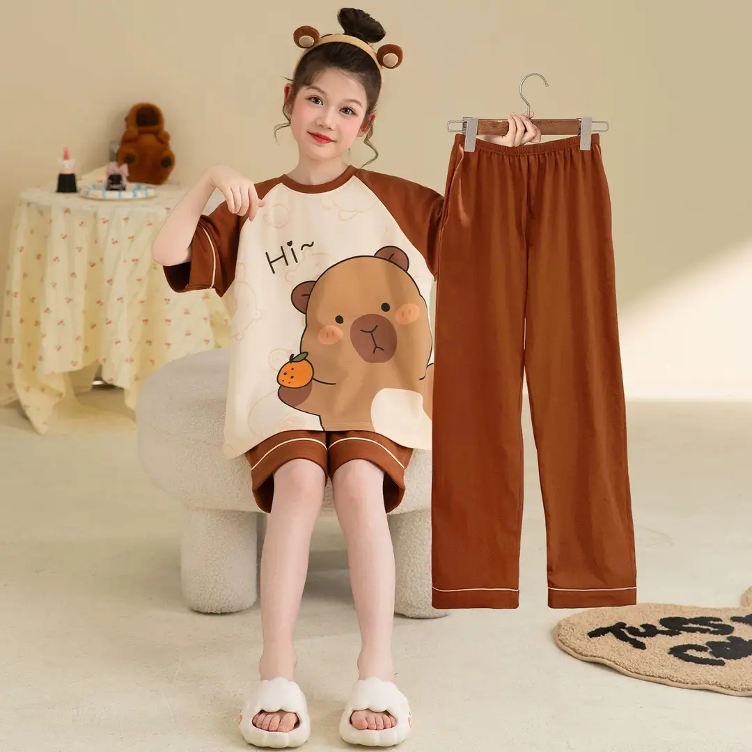 New Style Children's Pajamas Short-Sleeved Three-Piece Set Summer Fashion Cartoon Home Clothes Set for Middle-Aged and Older Girls and Elementary School Students