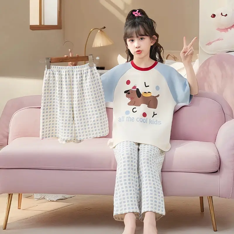 New Style Children's Pajamas Short-Sleeved Three-Piece Set Summer Fashion Cartoon Home Clothes Set for Middle-Aged and Older Girls and Elementary School Students