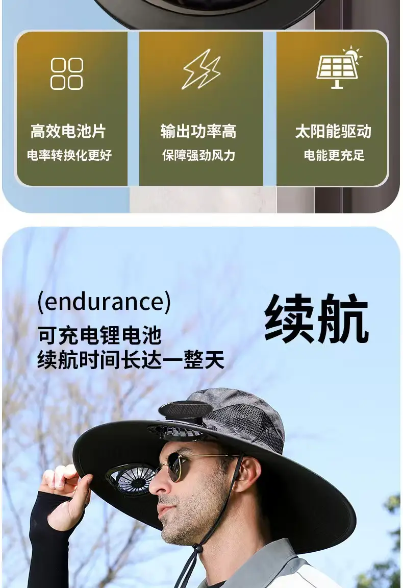 Foreign Trade Hot-Selling Solar Fan Hat, Rechargeable Dual Fan Men's Fishing Fisherman Hat, Outdoor Sun Hat — feature 7