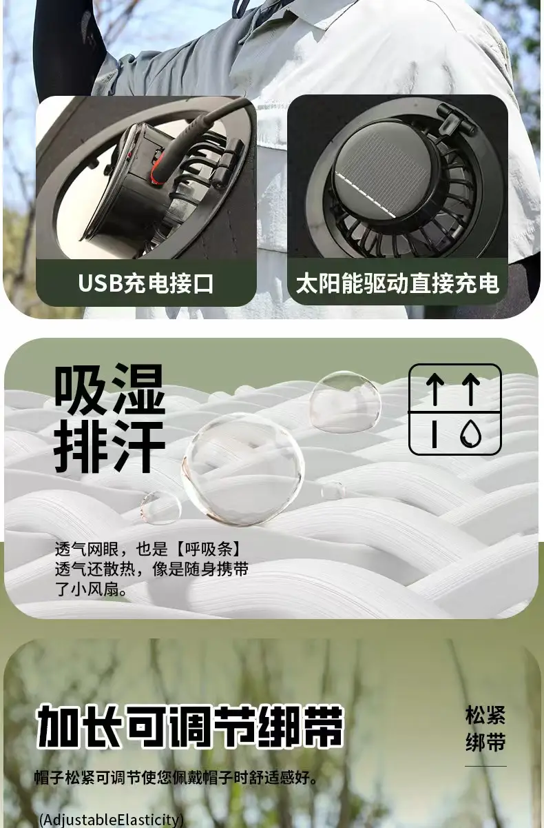 Foreign Trade Hot-Selling Solar Fan Hat, Rechargeable Dual Fan Men's Fishing Fisherman Hat, Outdoor Sun Hat — feature 8