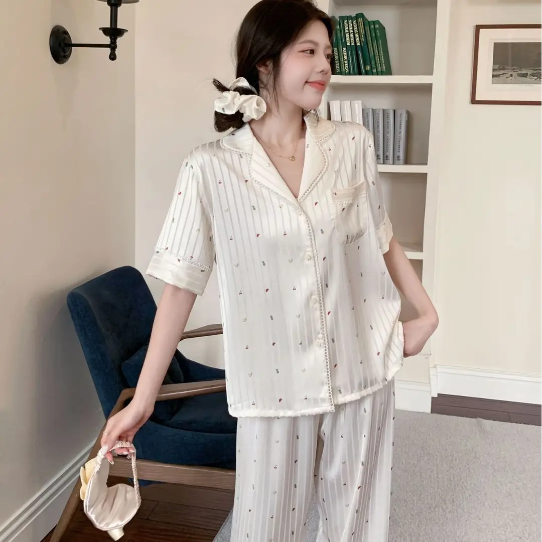 【Fruit Texture】Hollow-Out Striped Faux Acetate High-End Pajamas for Women with Sweet Lace Texture Loungewear