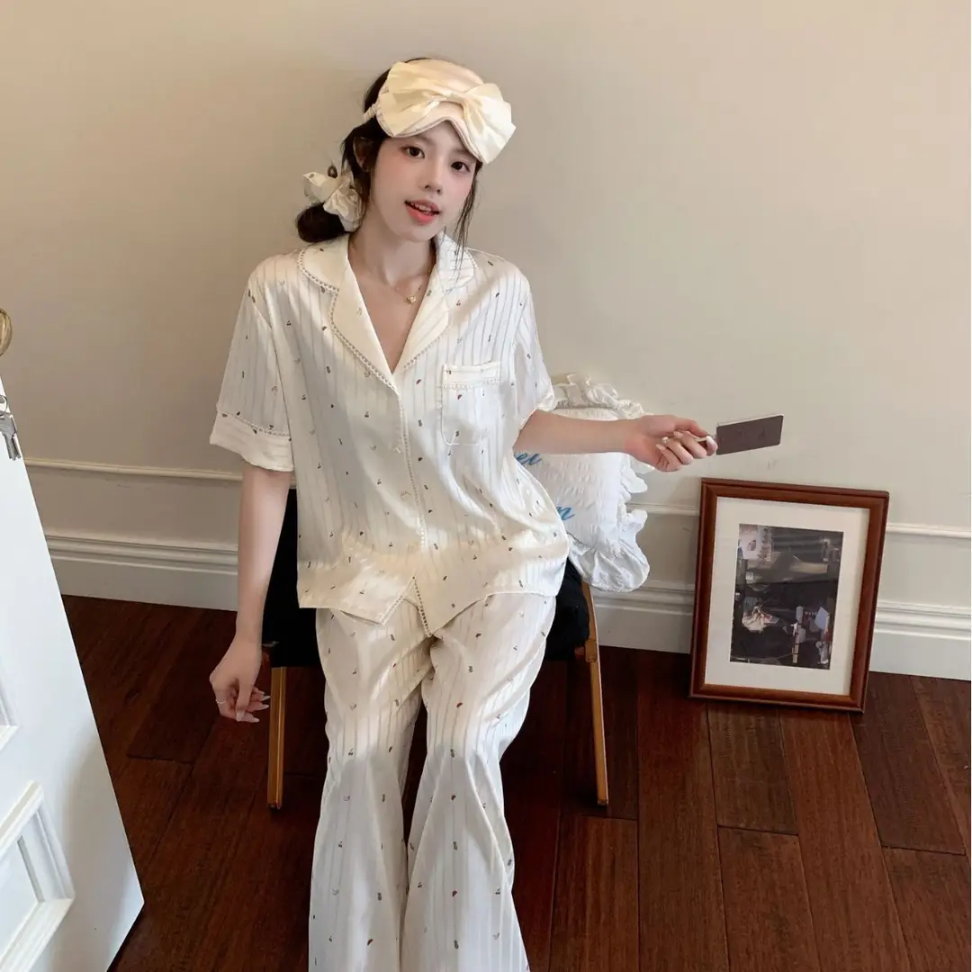 【Fruit Texture】Hollow-Out Striped Faux Acetate High-End Pajamas for Women with Sweet Lace Texture Loungewear