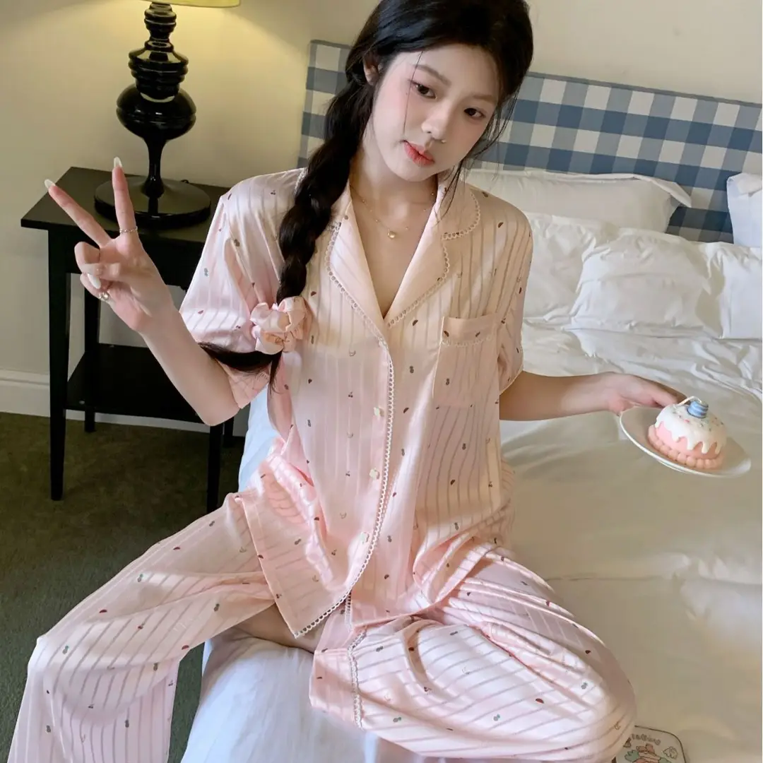 【Fruit Texture】Hollow-Out Striped Faux Acetate High-End Pajamas for Women with Sweet Lace Texture Loungewear