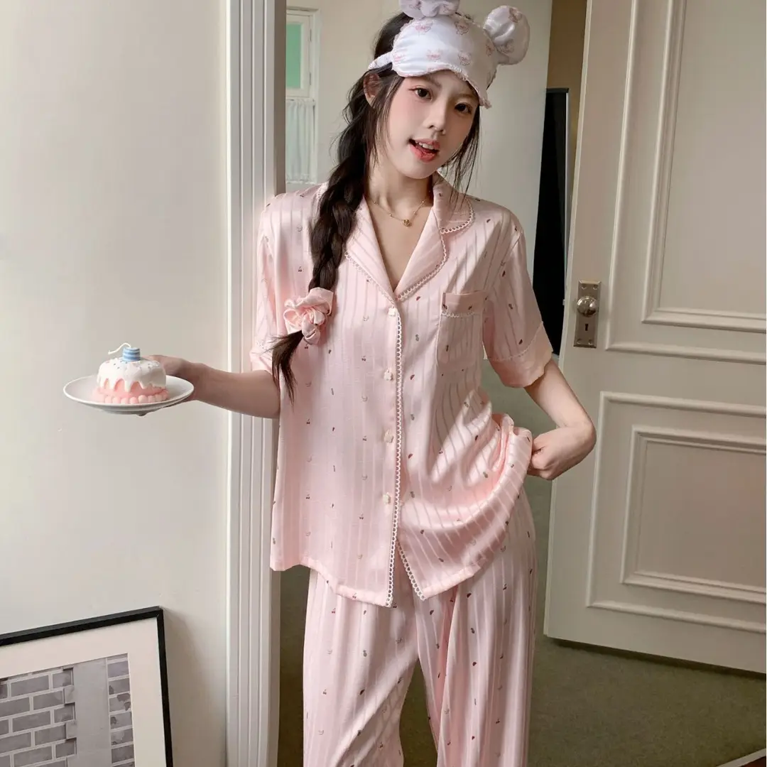 【Fruit Texture】Hollow-Out Striped Faux Acetate High-End Pajamas for Women with Sweet Lace Texture Loungewear