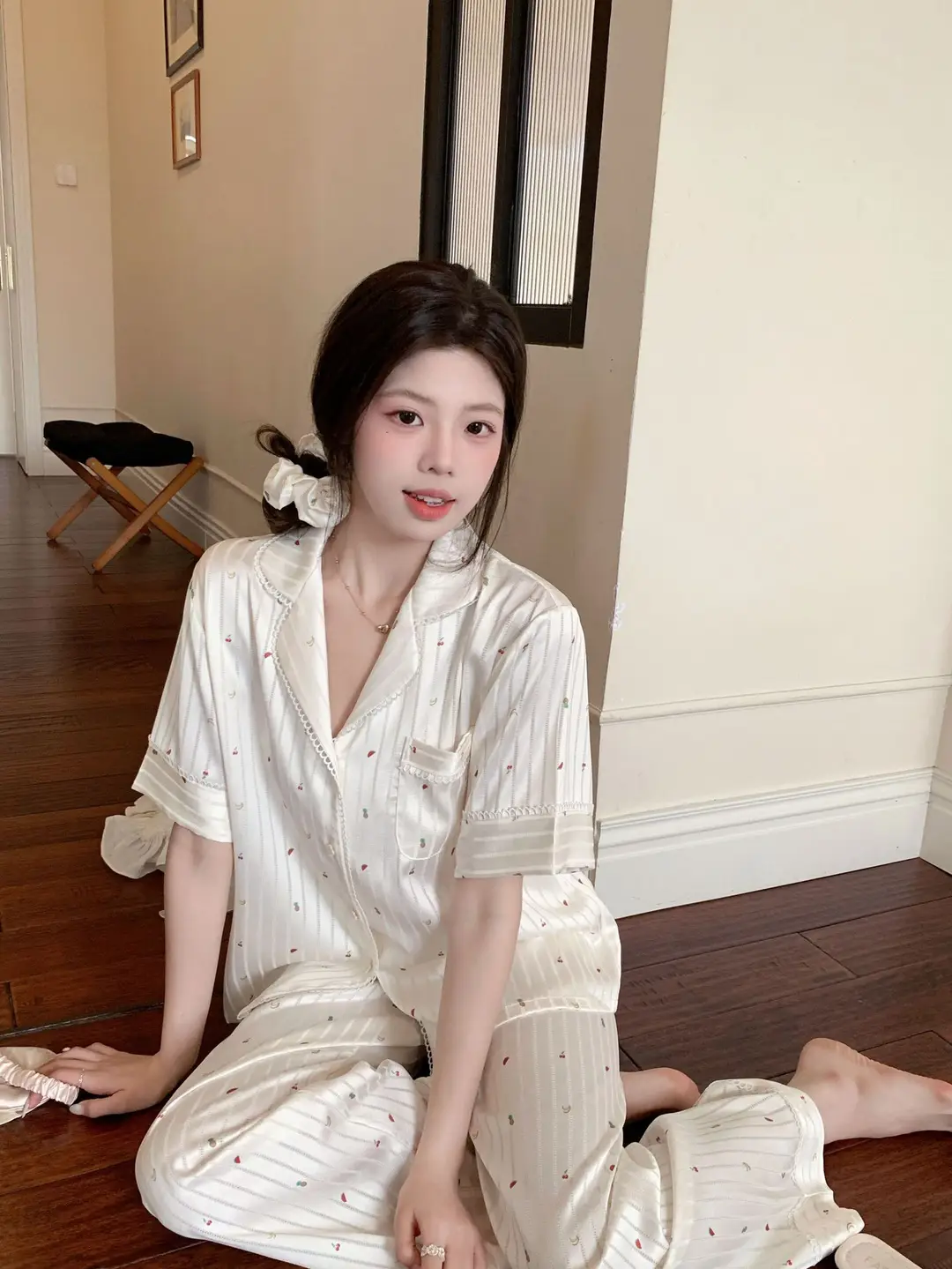 【Fruit Texture】Hollow-Out Striped Faux Acetate High-End Pajamas for Women with Sweet Lace Texture Loungewear — feature 2