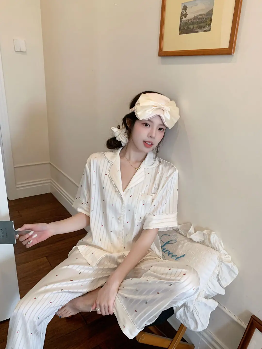 【Fruit Texture】Hollow-Out Striped Faux Acetate High-End Pajamas for Women with Sweet Lace Texture Loungewear — feature 4