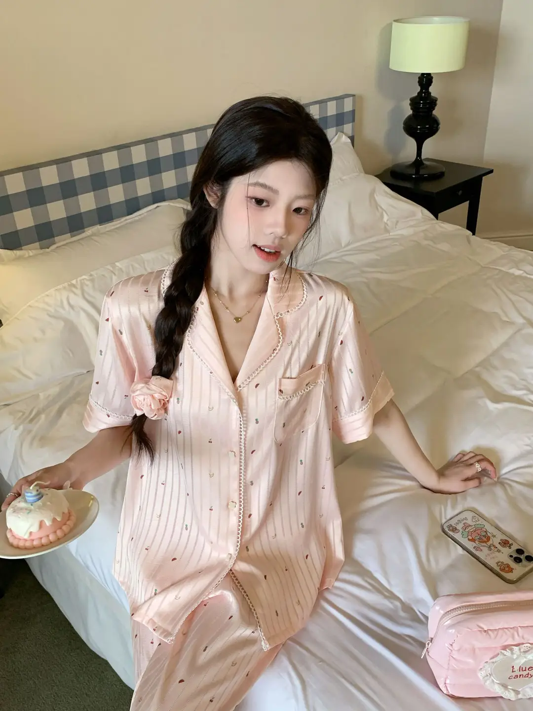【Fruit Texture】Hollow-Out Striped Faux Acetate High-End Pajamas for Women with Sweet Lace Texture Loungewear — feature 5