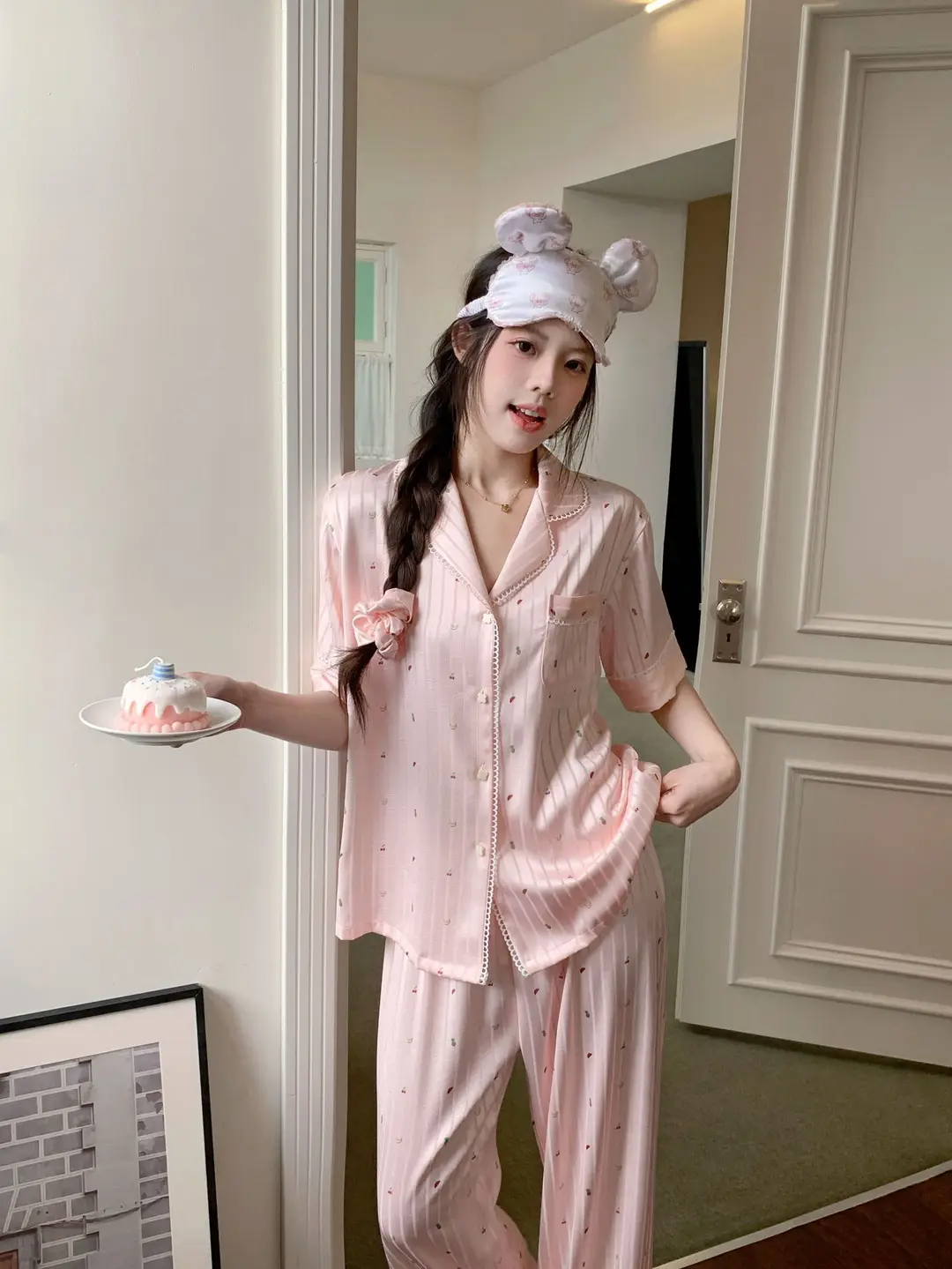 【Fruit Texture】Hollow-Out Striped Faux Acetate High-End Pajamas for Women with Sweet Lace Texture Loungewear — feature 8