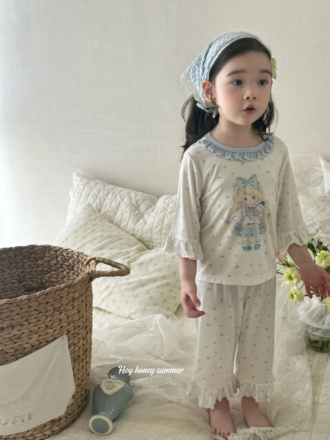 Heyhoney Children's Spring, Autumn, and Summer Three-Quarter Sleeve Set for Girls, Home Wear, Air Conditioning Clothing, Pajamas