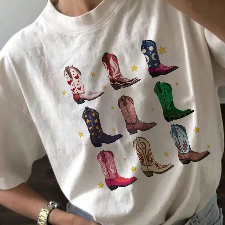 Women's T-Shirt, Denim Vintage Retro Denim Graphic, Vintage Hippie Western Loose Cute Top, Girl's Boots